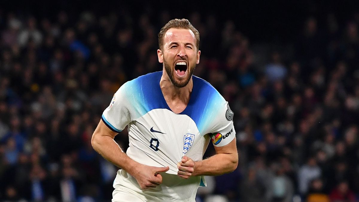 Harry Kane of England celebrates after scoring ahead of the England vs Brazil friendly at Wembley.