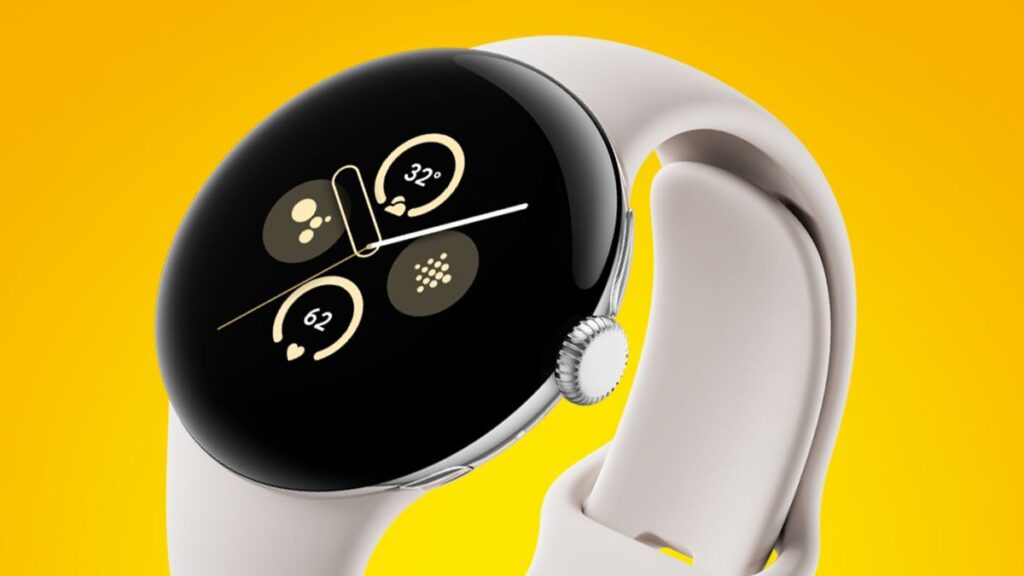 The Google Pixel Watch 2 on an orange background